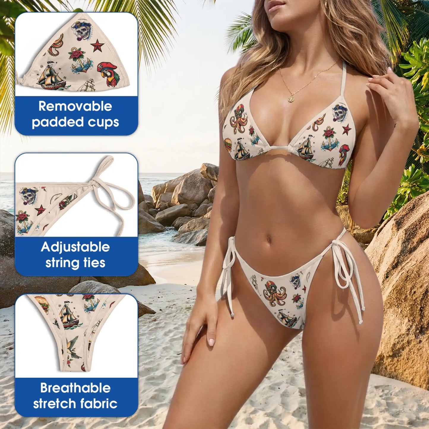 Funny Tattoos Bikini Set, Retro Tattoo Two Piece Swimsuit | Azhawaiian