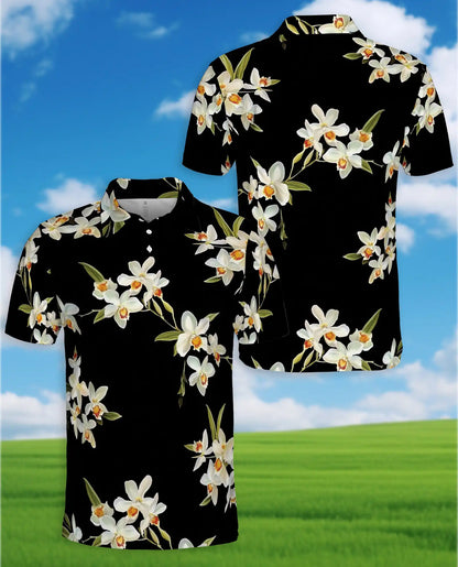 White Orchid Polo Shirt - Elegant Tropical Floral Style | Azhawaiian