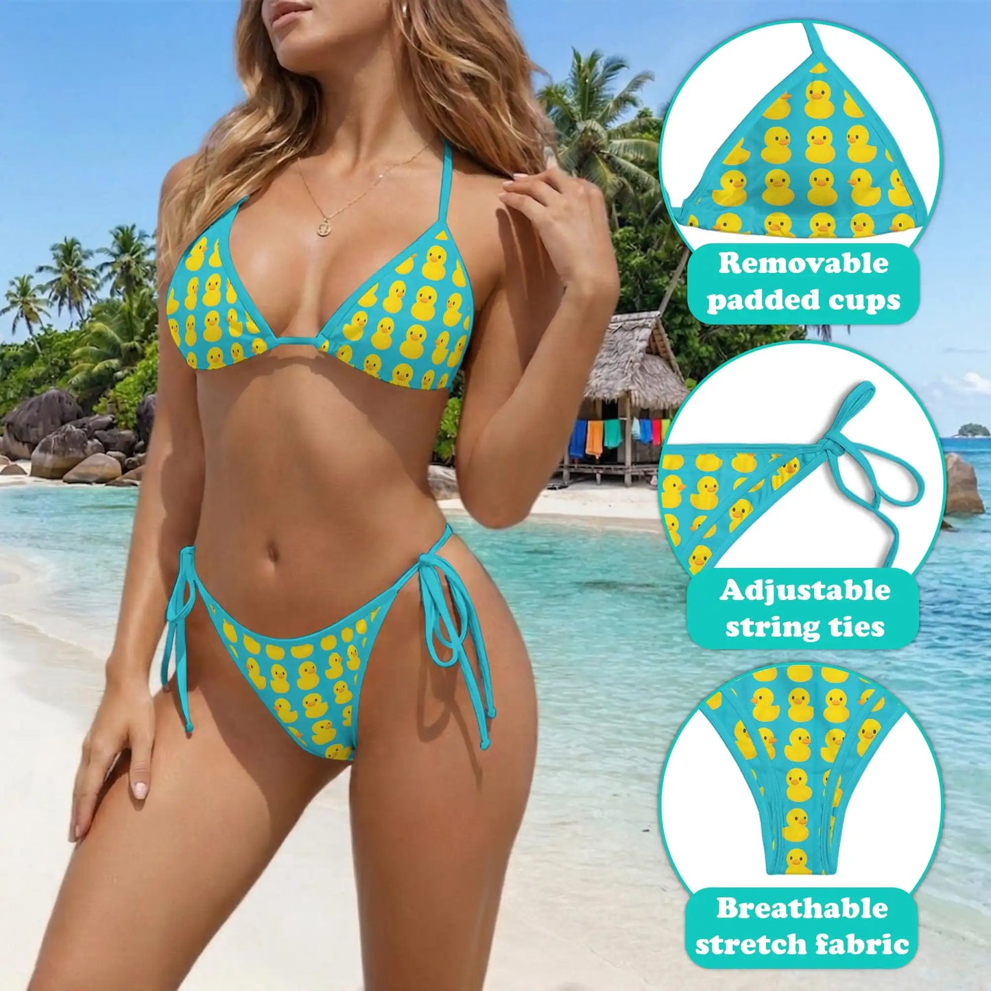 Yellow Duck Pattern Bikini Set for Women, Two Piece Swimsuit, Cute Animal Beachwear | Azhawaiian
