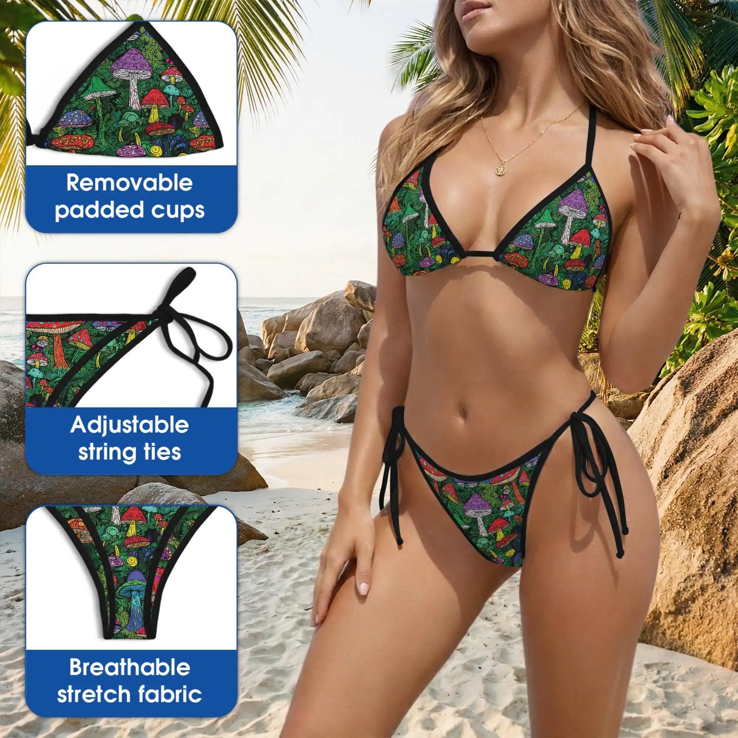 Hippie Mushroom Bikini Set, Psychedelic Forest Two Piece Swimsuit | Azhawaiian