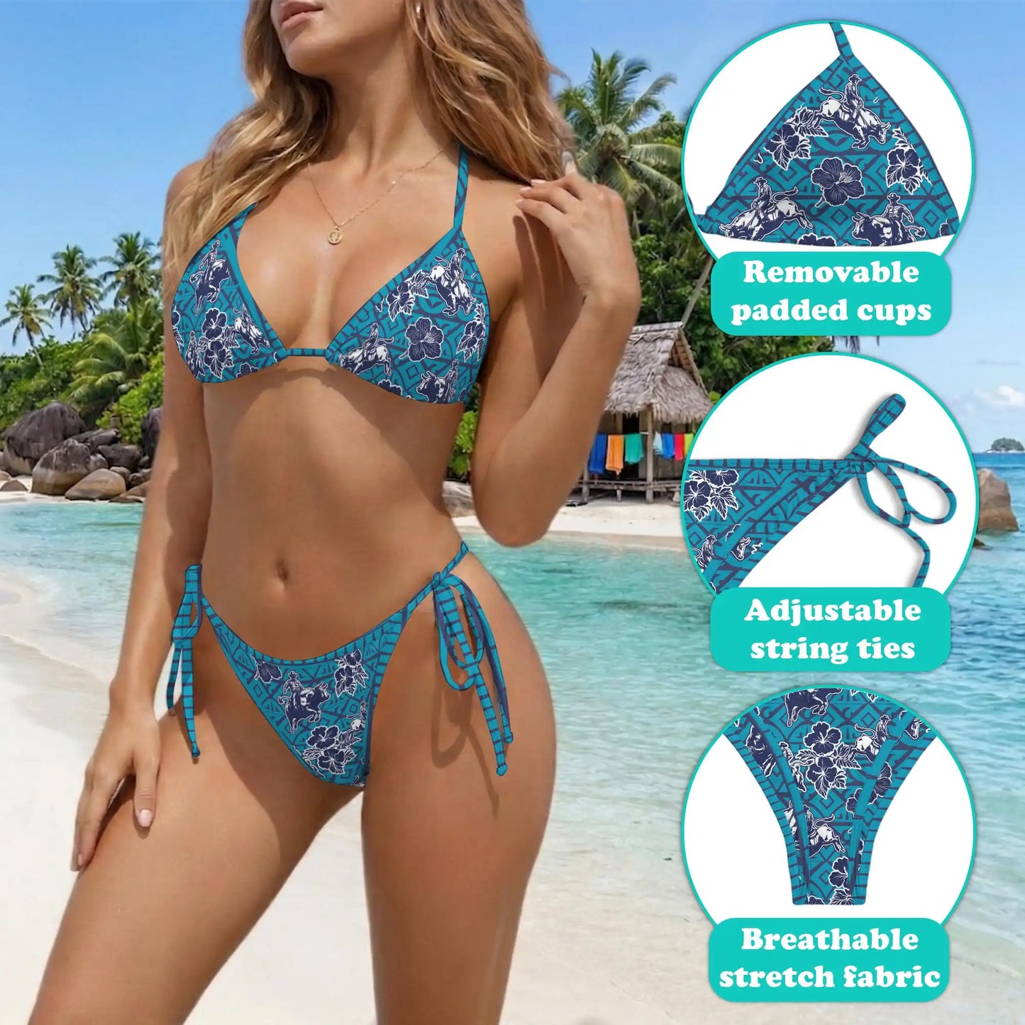 Bull Riding Bikini Set for Women, Two Piece Swimsuit, Bull Riding and Floral Print Beachwear | Azhawaiian