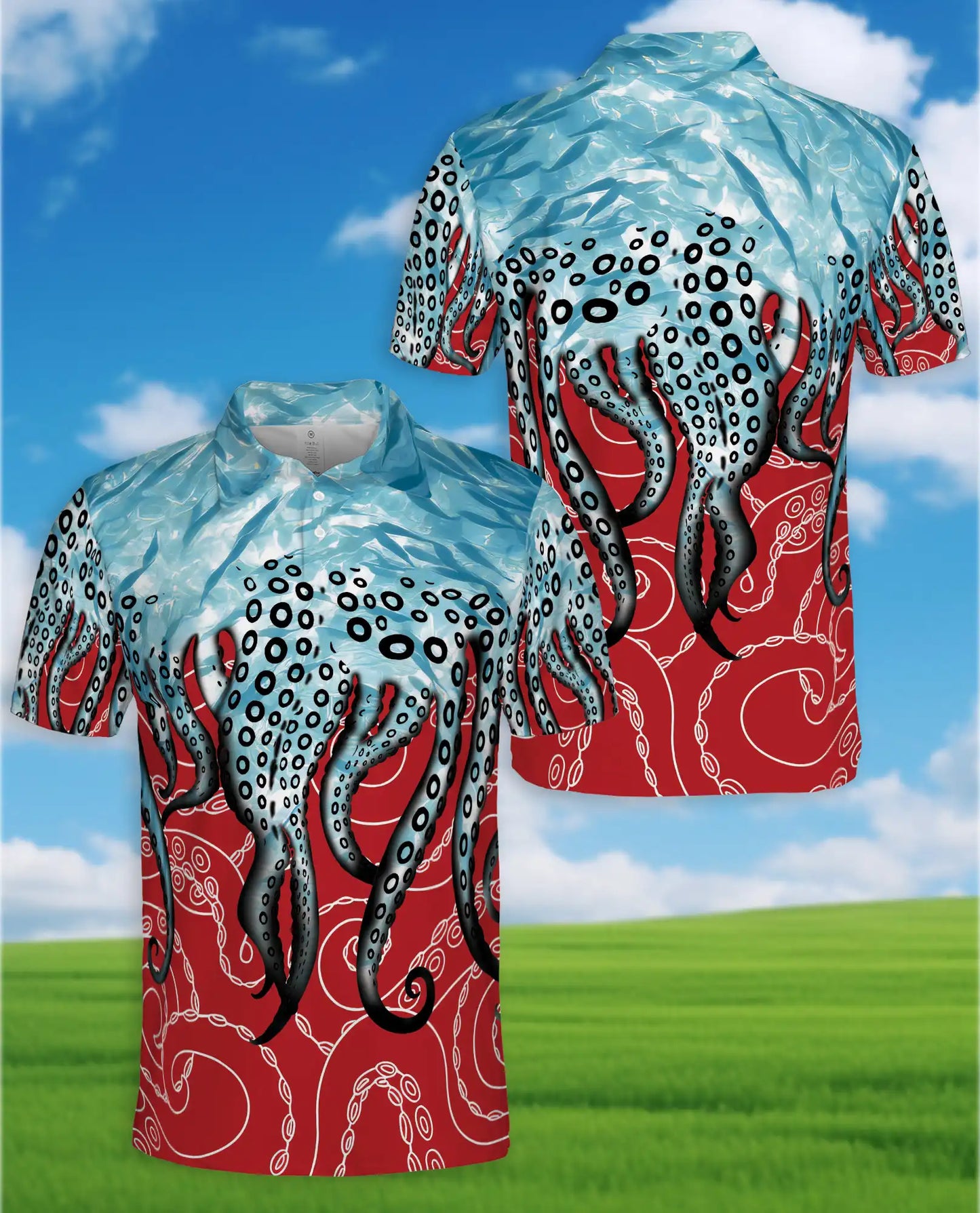 Octopus Tentacles Polo Shirt for Men, Colorful Ocean Design | Azhawaiian