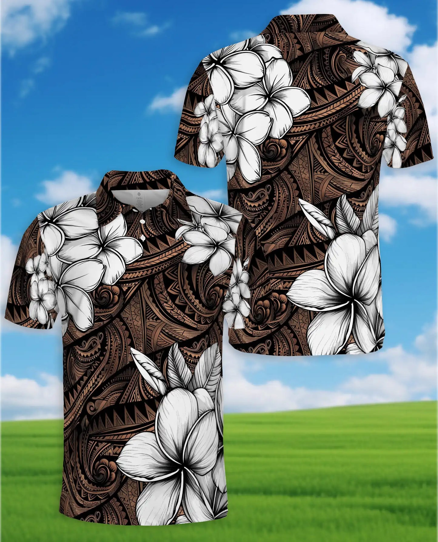 Polynesian Plumeria Polo Shirt For Men-Tribal Island Flower Tropical Aloha | Azhawaiian