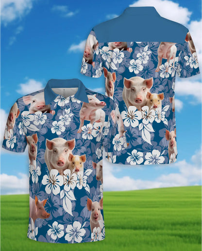 Pig Hawaiian Floral Polo Shirt for Men- Cute Farm Pig Tropical Flower | Azhawaiian