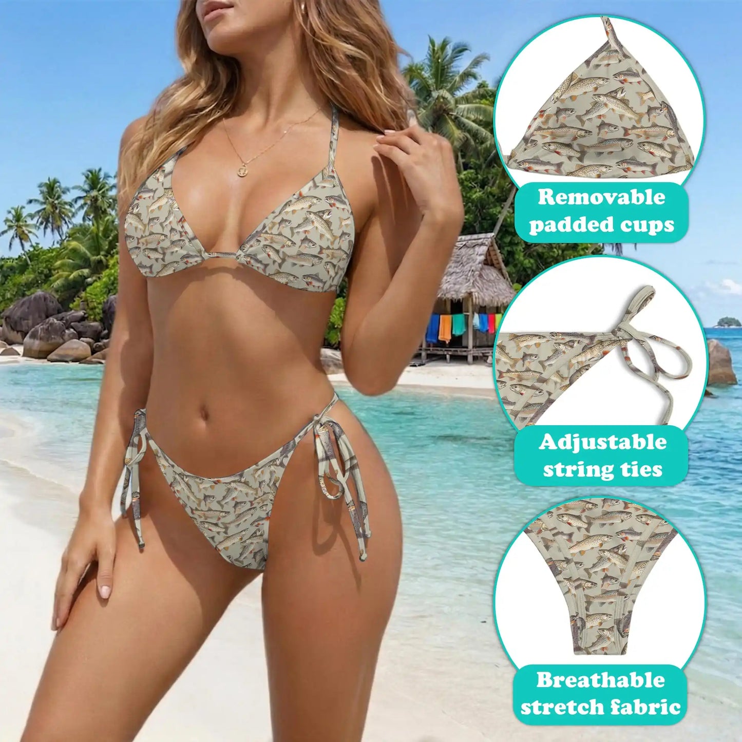 Trout Bikini Set for Women, Two Piece Swimsuit, Fishing Lake Beachwear | Azhawaiian