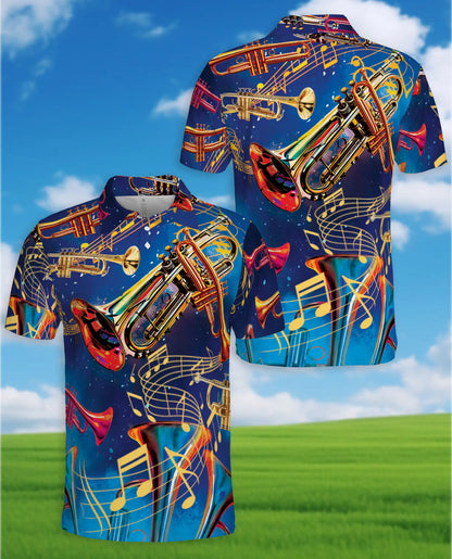 Trumpet Music Polo Shirt for Men, Jazz Band Style | Azhawaiian