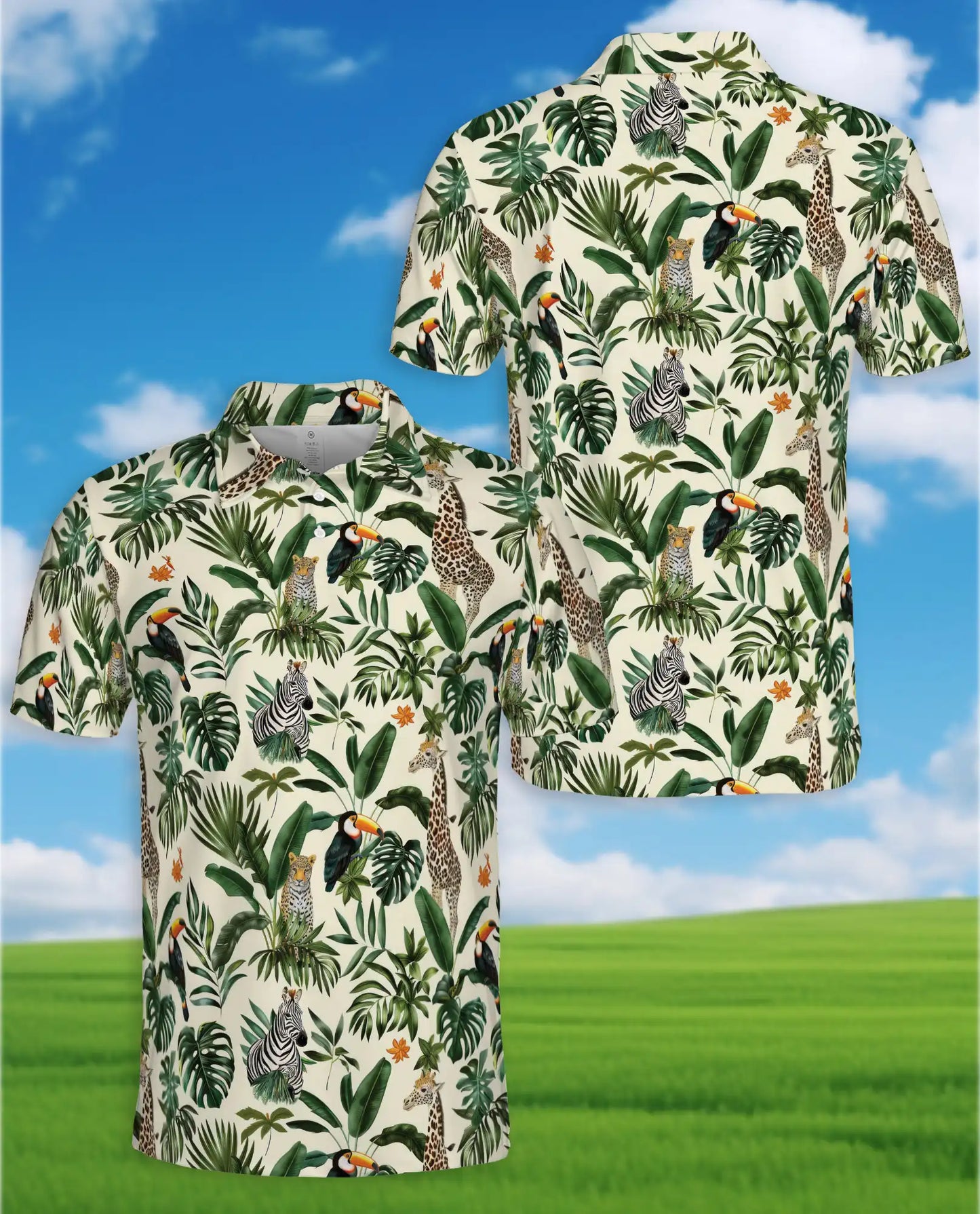 Jungle Wildlife Polo Shirt for Men, Summer Tropical Animal Print | Azhawaiian