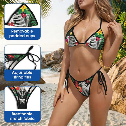 Skeleton Flowers Bikini Set, Gothic Floral Two Piece Swimsuit | Azhawaiian