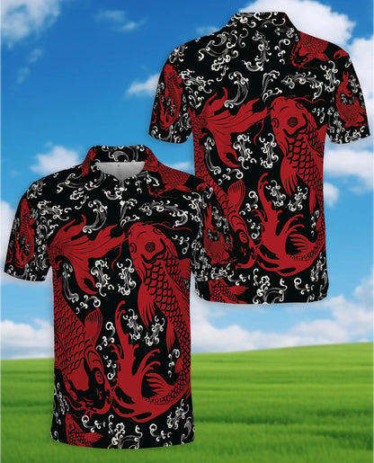 Koi Fish Polo Shirt for Men, Japanese Water Garden Print | Azhawaiian