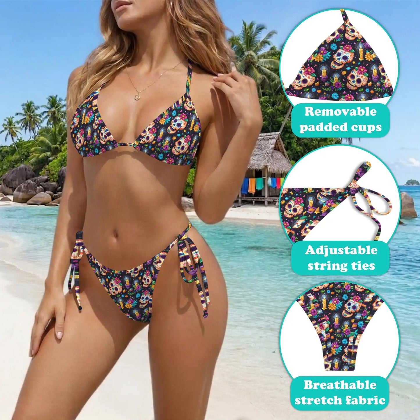 Skull Flower Bikini Set for Women, Two Piece Swimsuit, Sugar Skull Beachwear | Azhawaiian
