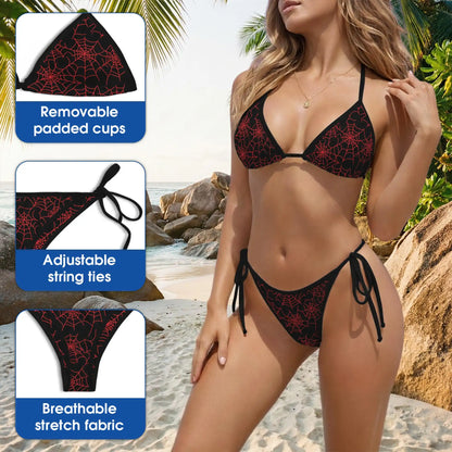 Red Spider Web Bikini Set, Gothic Halloween Two Piece Swimsuit | Azhawaiian