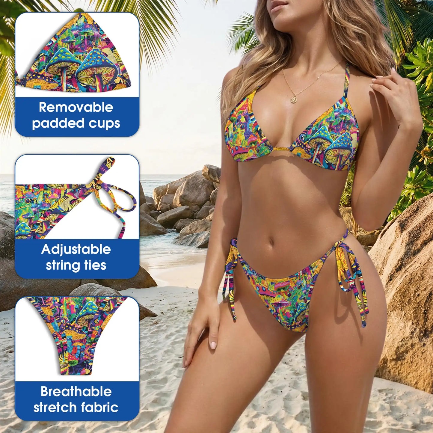 Hippie Mushroom Bikini Set for Women, Two Piece Swimsuit, Psychedelic Beachwear | Azhawaiian