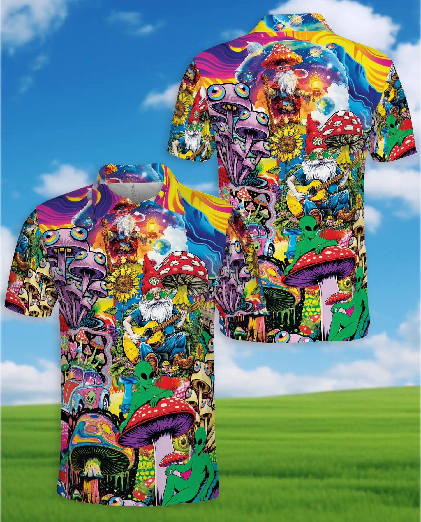 Mushroom Gnome Polo Shirt for Men, Colorful Alien Art | Azhawaiian