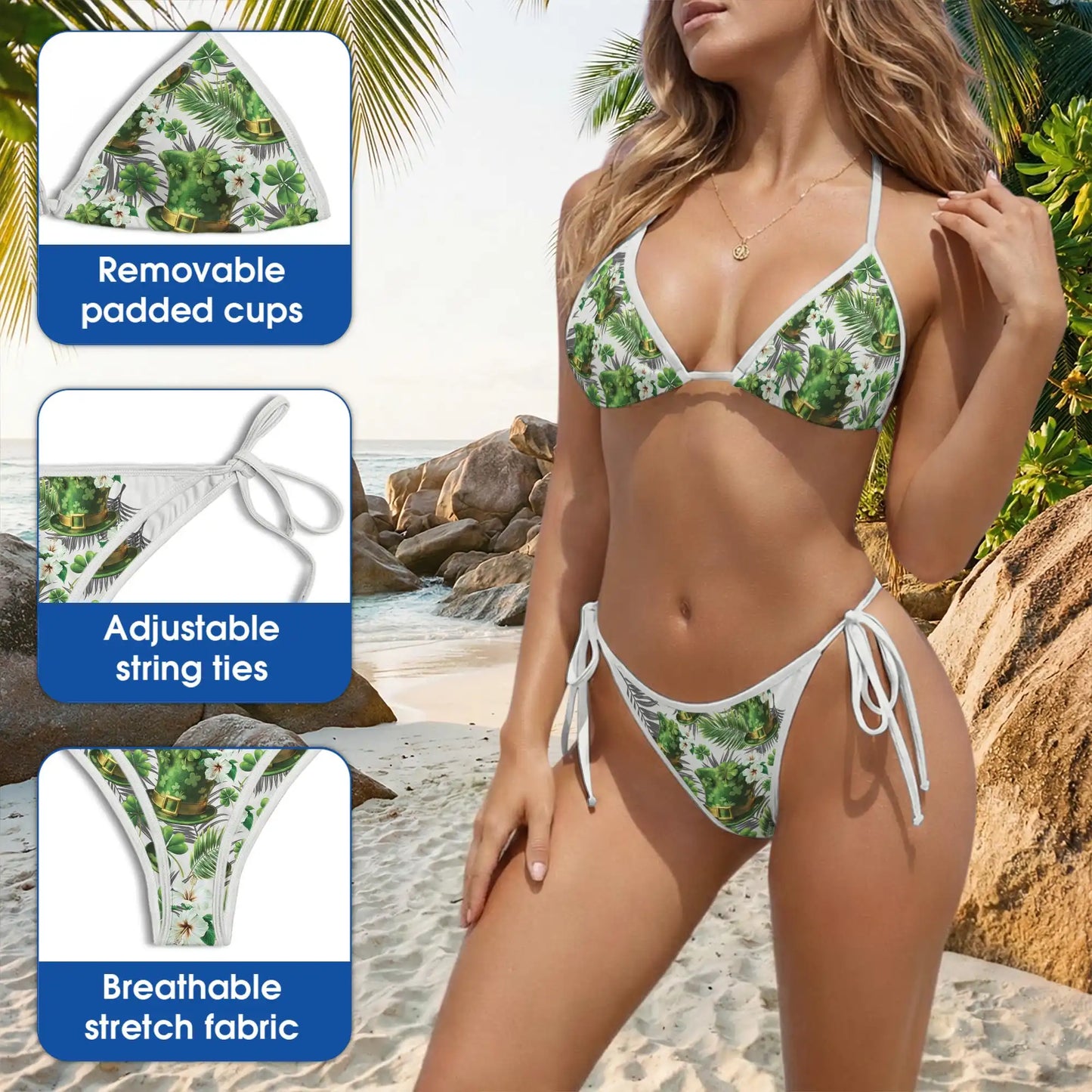Green Hat Bikini Set, Tropical Shamrock Two Piece Swimsuit | Azhawaiian