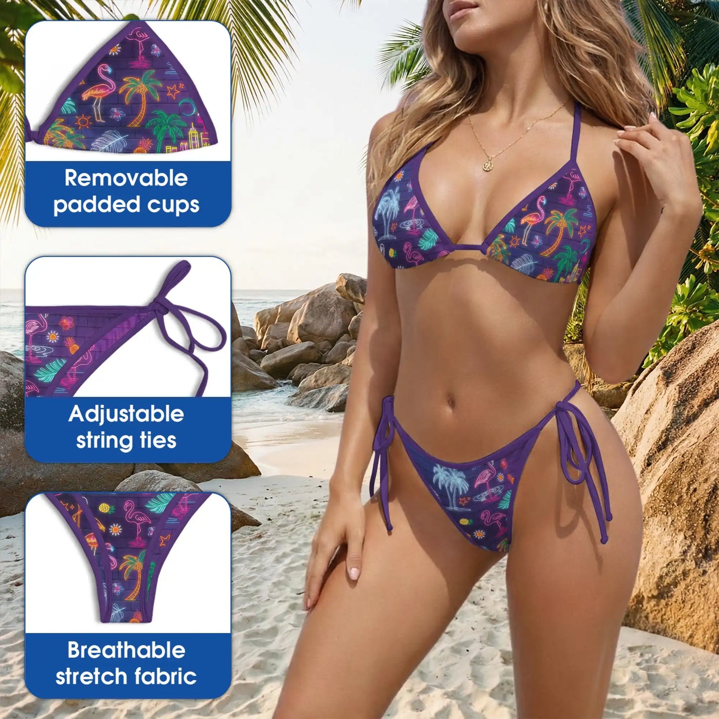 Neon Flamingo Bikini Set, Tropical Festival Two Piece Swimsuit | Azhawaiian