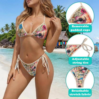 Vintage Flower Guitar Bikini Set for Women, Two Piece Swimsuit, Floral Music Beachwear | Azhawaiian