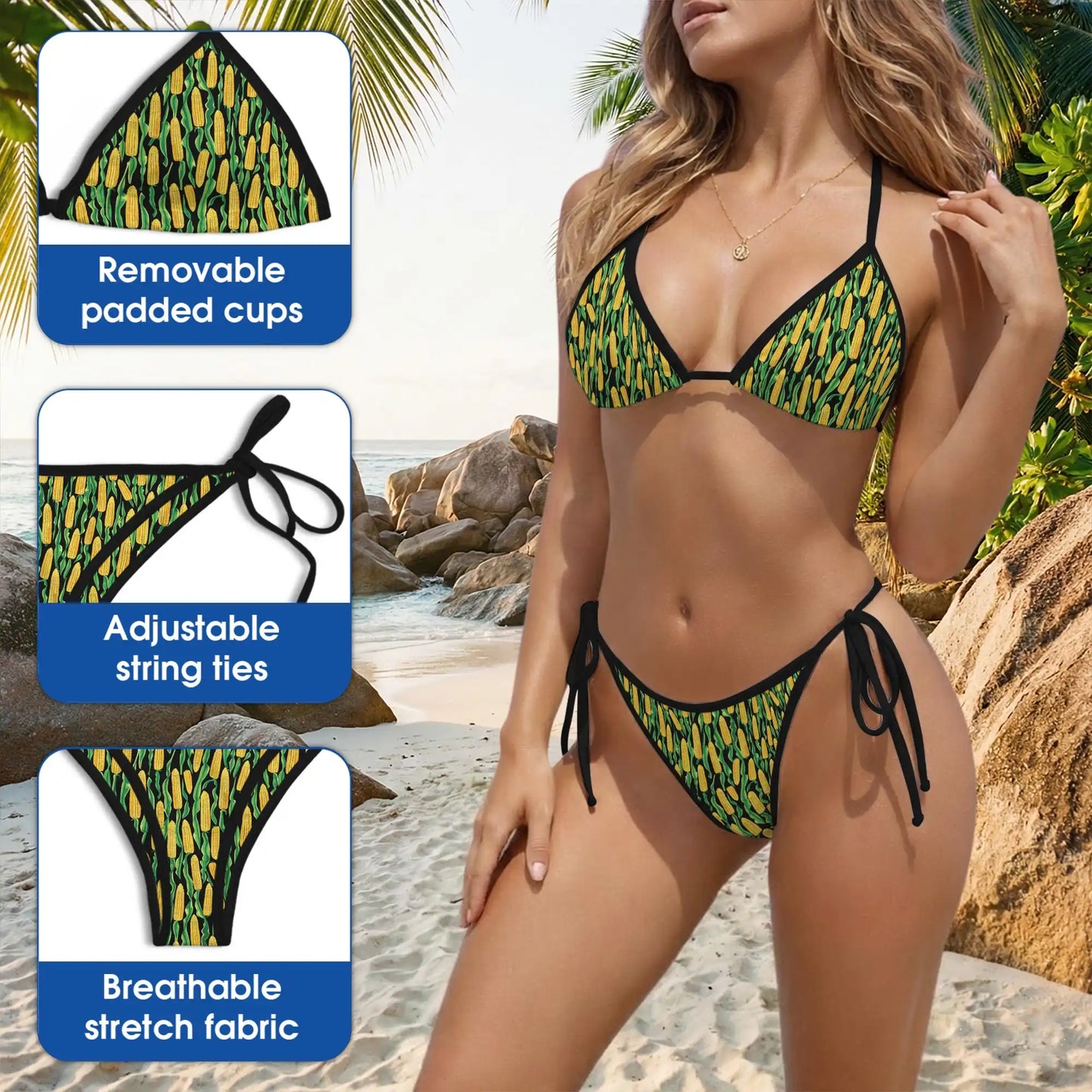 Agricultural Corn Bikini Set, Farm Pattern Two Piece Swimsuit | Azhawaiian