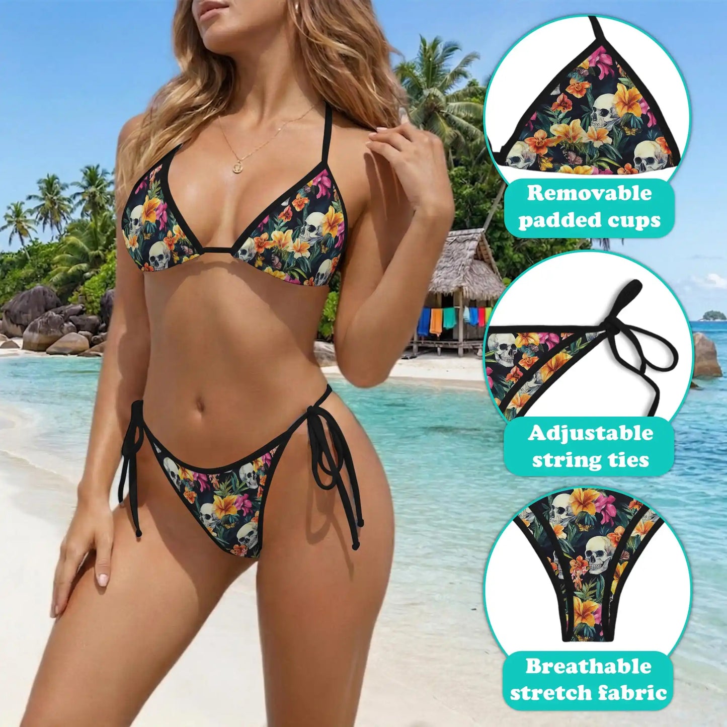 Colorful Skull Bikini Set for Women, Two Piece Swimsuit, Tropical Gothic Beachwear | Azhawaiian