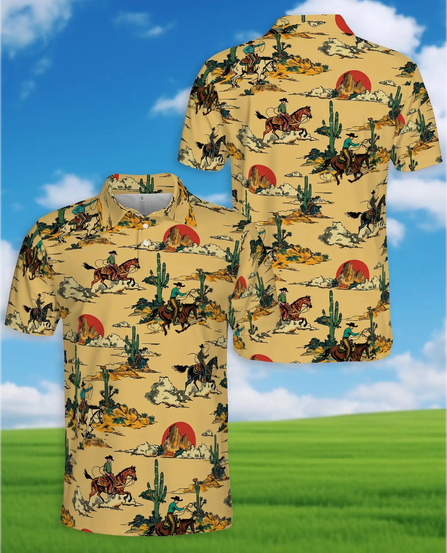 Western Desert Polo Shirt for Men, Cowboy Ranch Style | Azhawaiian