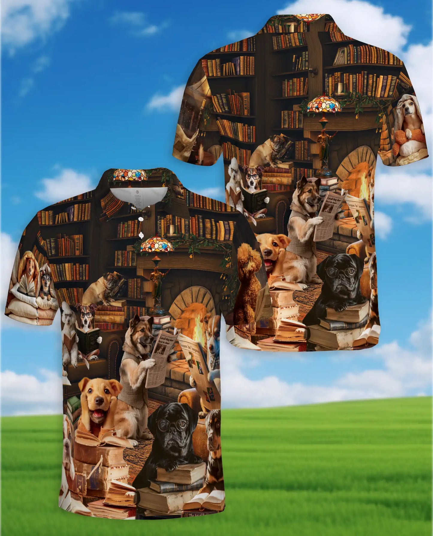 Happy Dogs Reading Polo Shirt for Men, Cute Dog Library Print | Azhawaiian