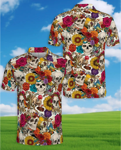 Skull Flower Polo Shirt for Men, Day of the Dead Style | Azhawaiian