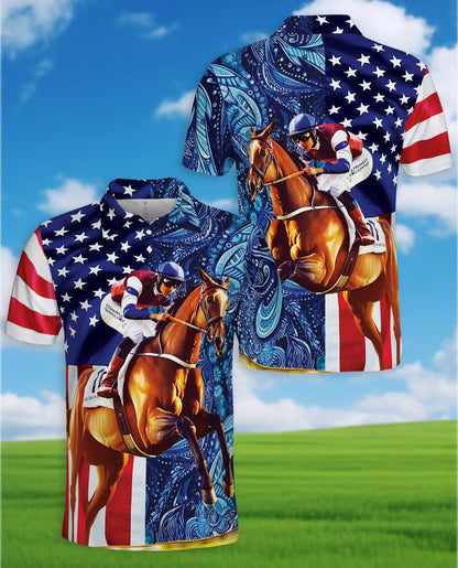 American Flag Horse Racing 3D Polo Shirt for Men | Azhawaiian