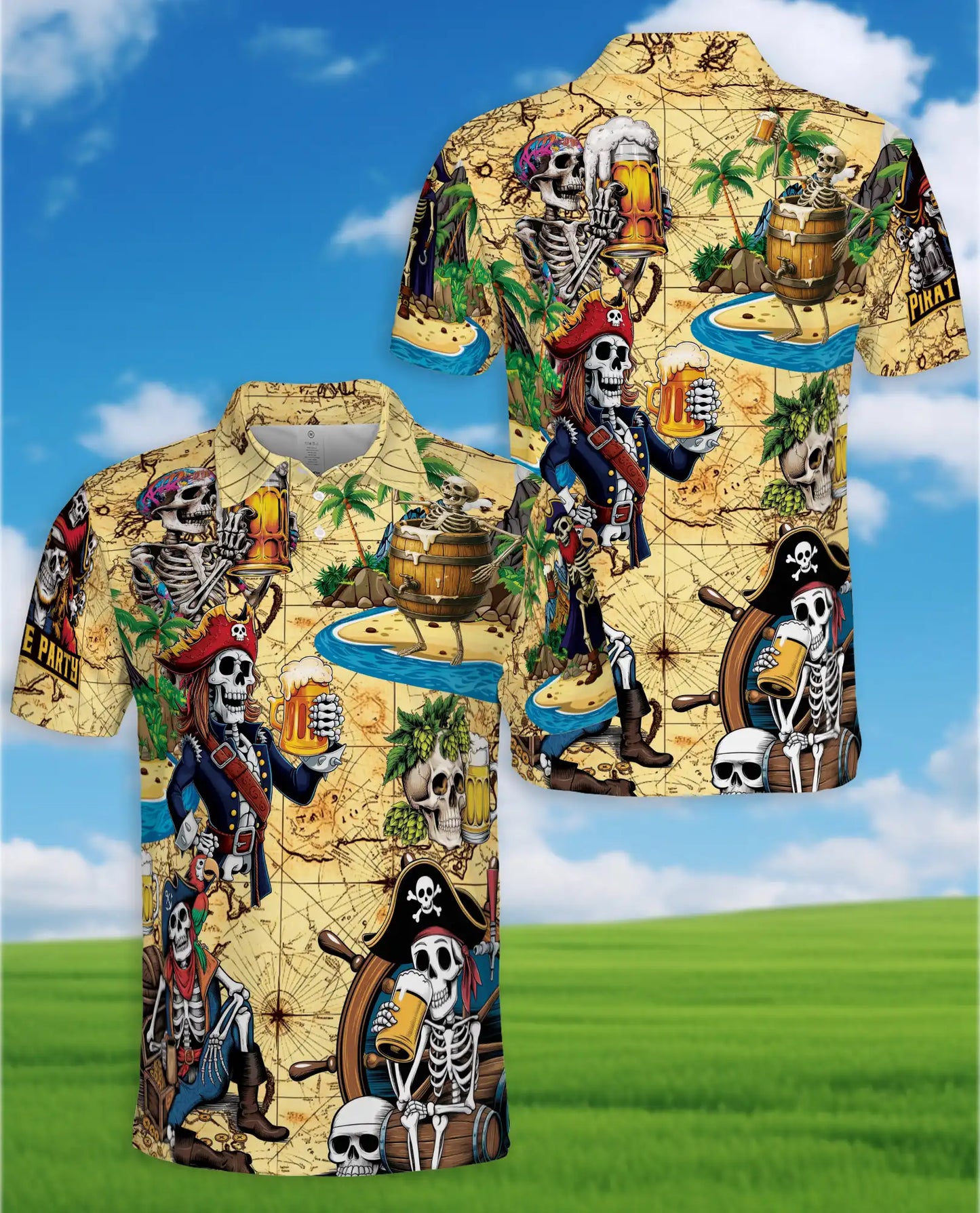 Skeleton Pirate Polo Shirt for Men, Treasure Map Party Style | Azhawaiian