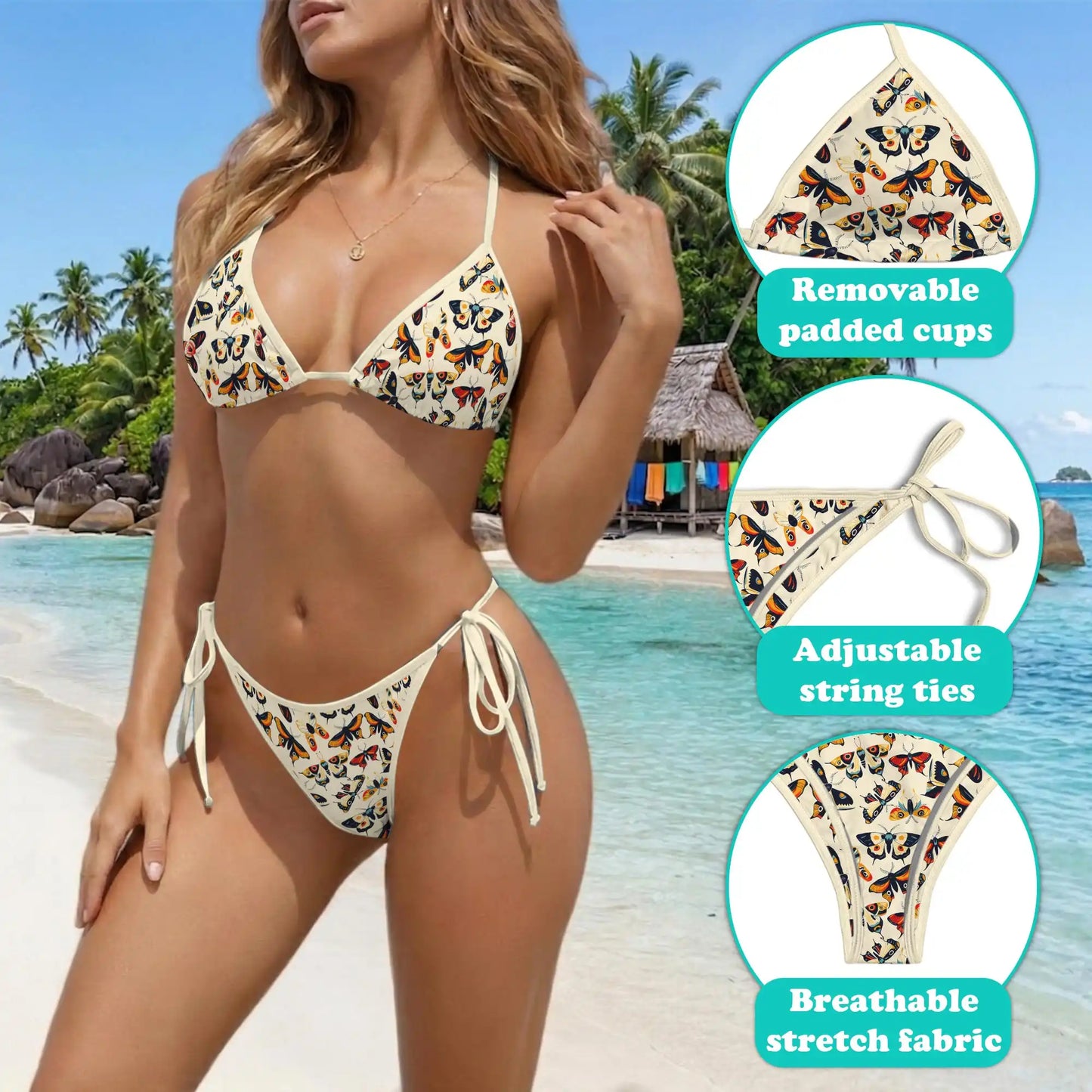 Butterfly Pattern Bikini Set for Women, Two Piece Swimsuit, Vintage Butterfly Beachwear | Azhawaiian