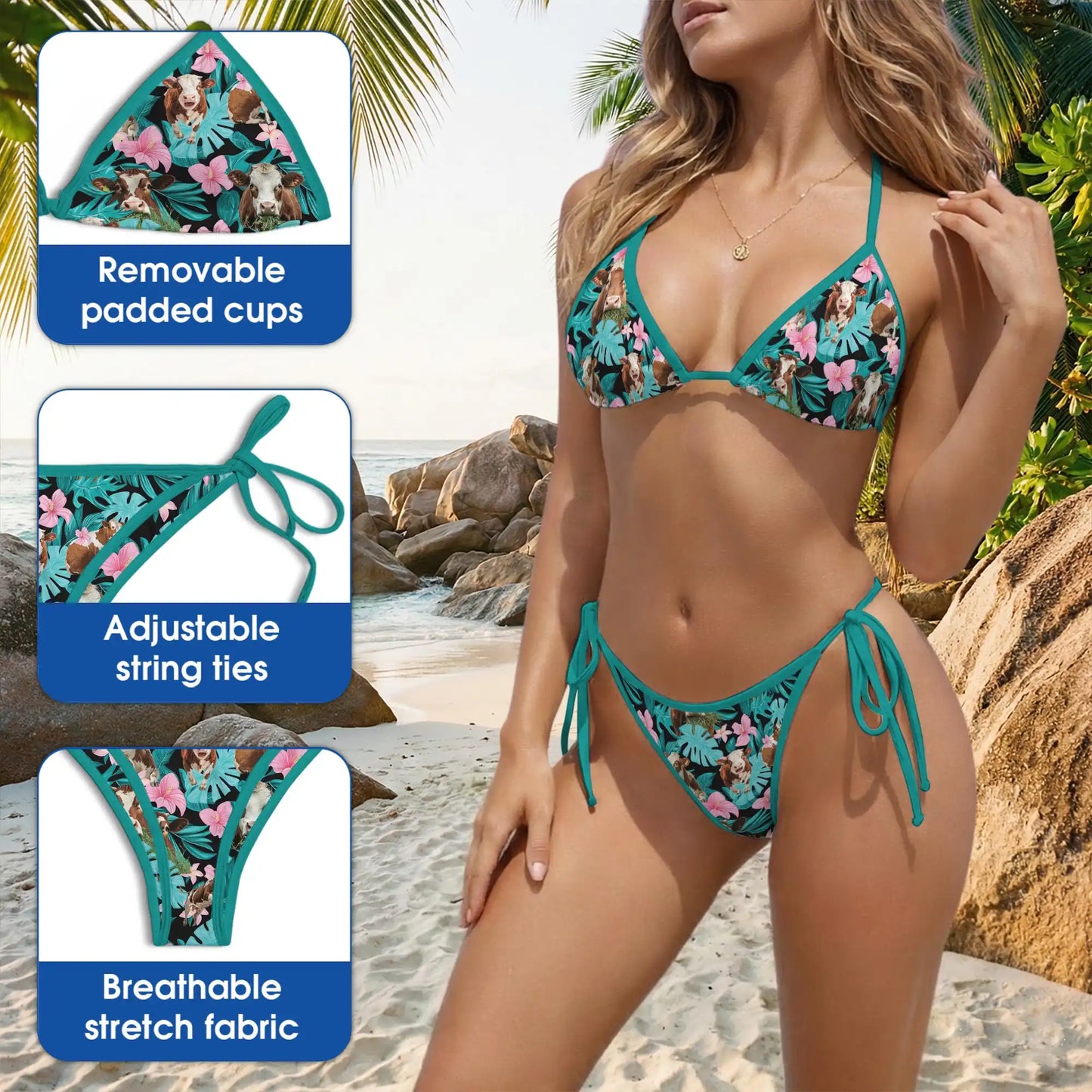 Hereford Cattle Floral Bikini Set, Tropical Two Piece Swimsuit | Azhawaiian
