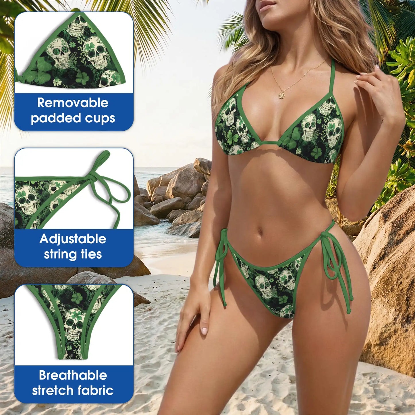 Shamrock Skull Bikini Set, Gothic St. Patrick’s Day Two Piece Swimsuit | Azhawaiian