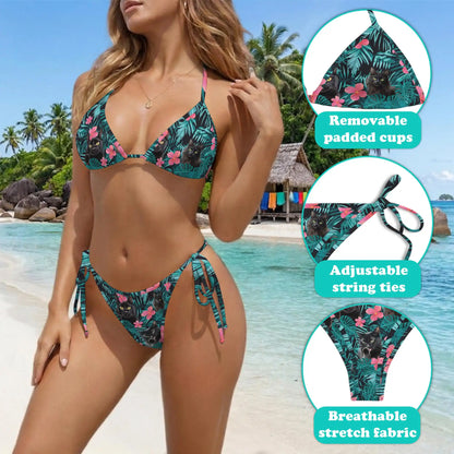 Black Cat Bikini Set for Women, Two Piece Swimsuit, Tropical Black Cat Print Beachwear | Azhawaiian