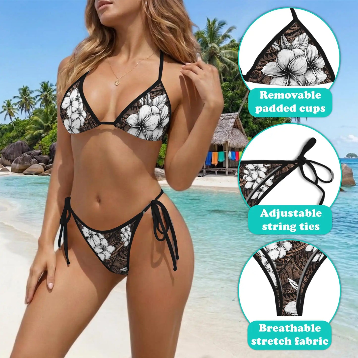 Plumeria Tribe Bikini Set for Women, Two Piece Swimsuit, Tribal Floral Beachwear | Azhawaiian