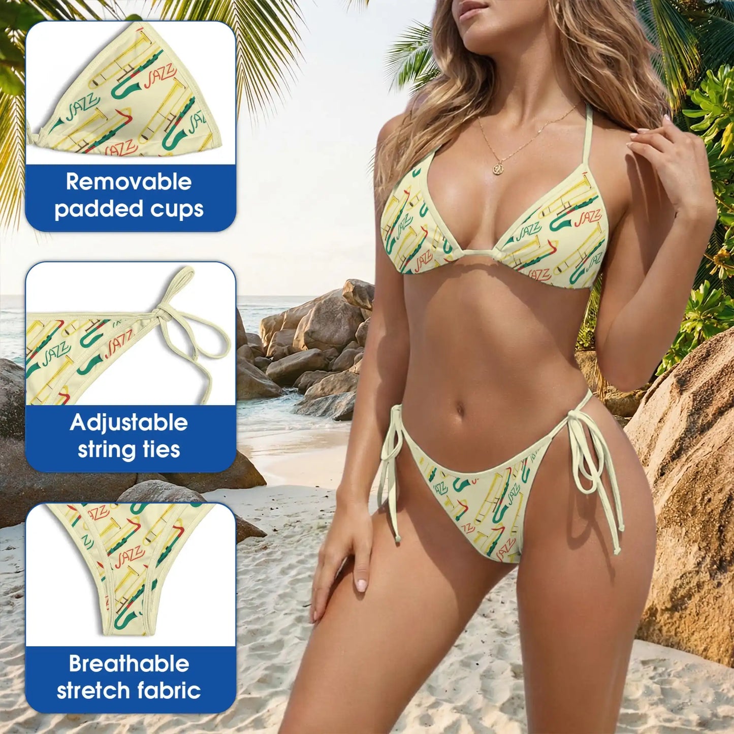 Trombone Pattern Bikini Set, Jazz Music Two Piece Swimsuit | Azhawaiian