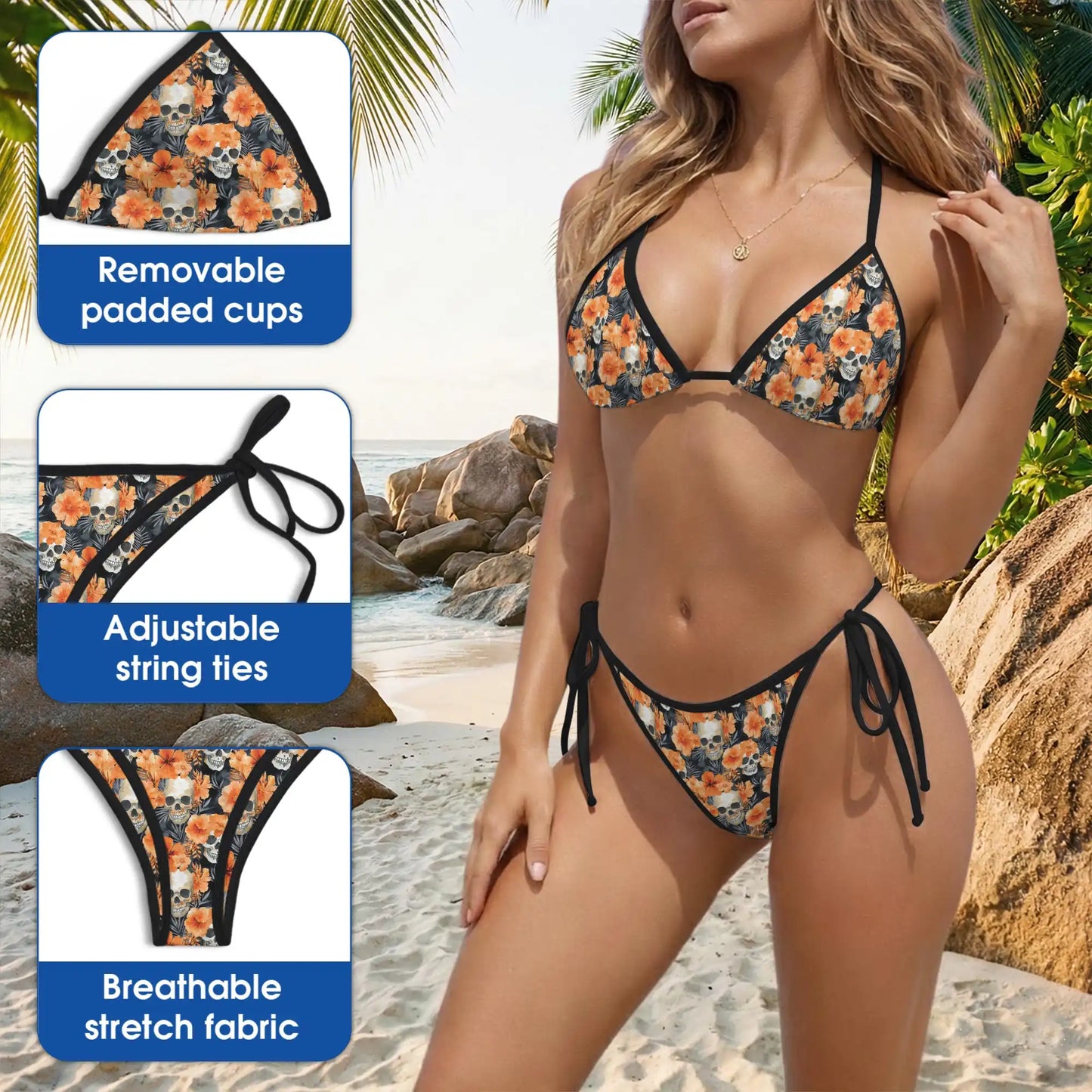 Orange Hibiscus Skull Bikini Set, Tropical Gothic Two Piece Swimsuit | Azhawaiian