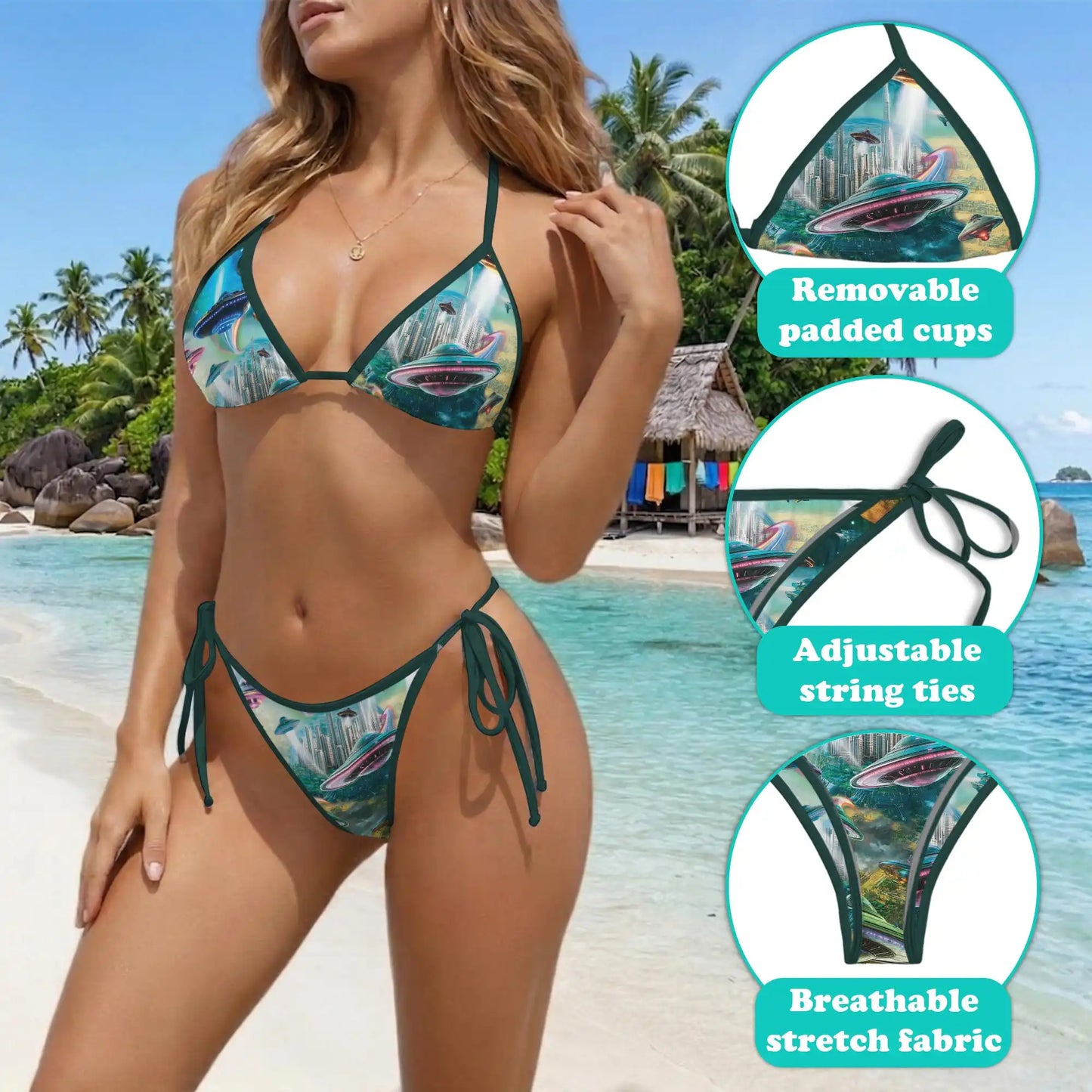 Alien UFO Bikini Set for Women, Two Piece Swimsuit, Sci Fi Space Beachwear | Azhawaiian