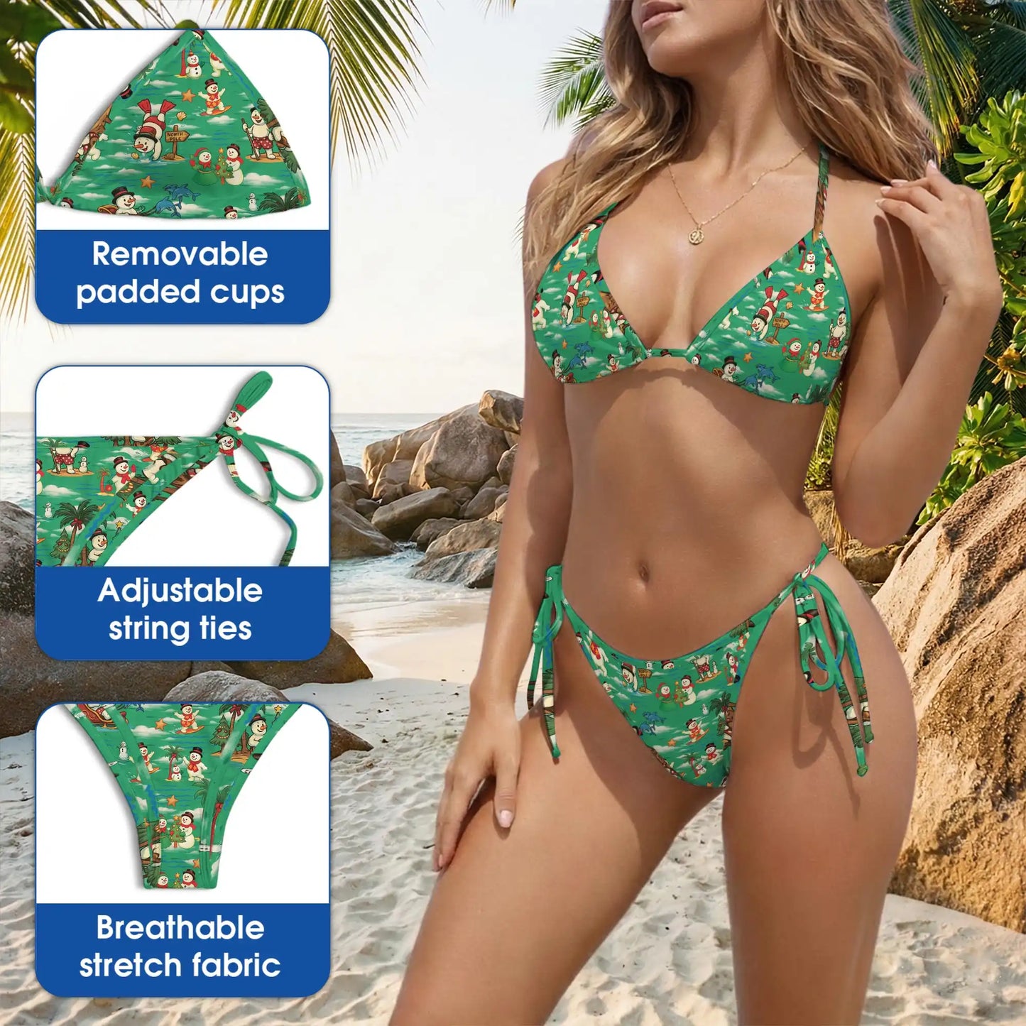 Funny Santa Surfing Bikini Set, Tropical Christmas Two Piece Swimsuit | Azhawaiian