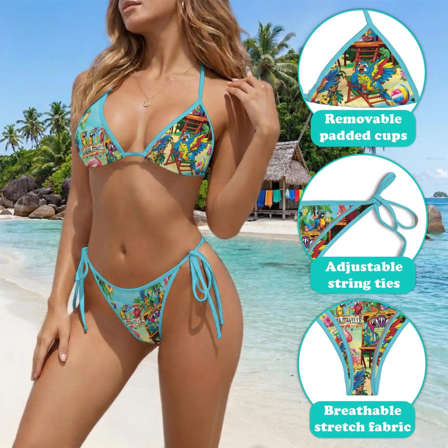 Colorful Parrot Bikini Set for Women, Two Piece Swimsuit, Colorful Island Beachwear | Azhawaiian