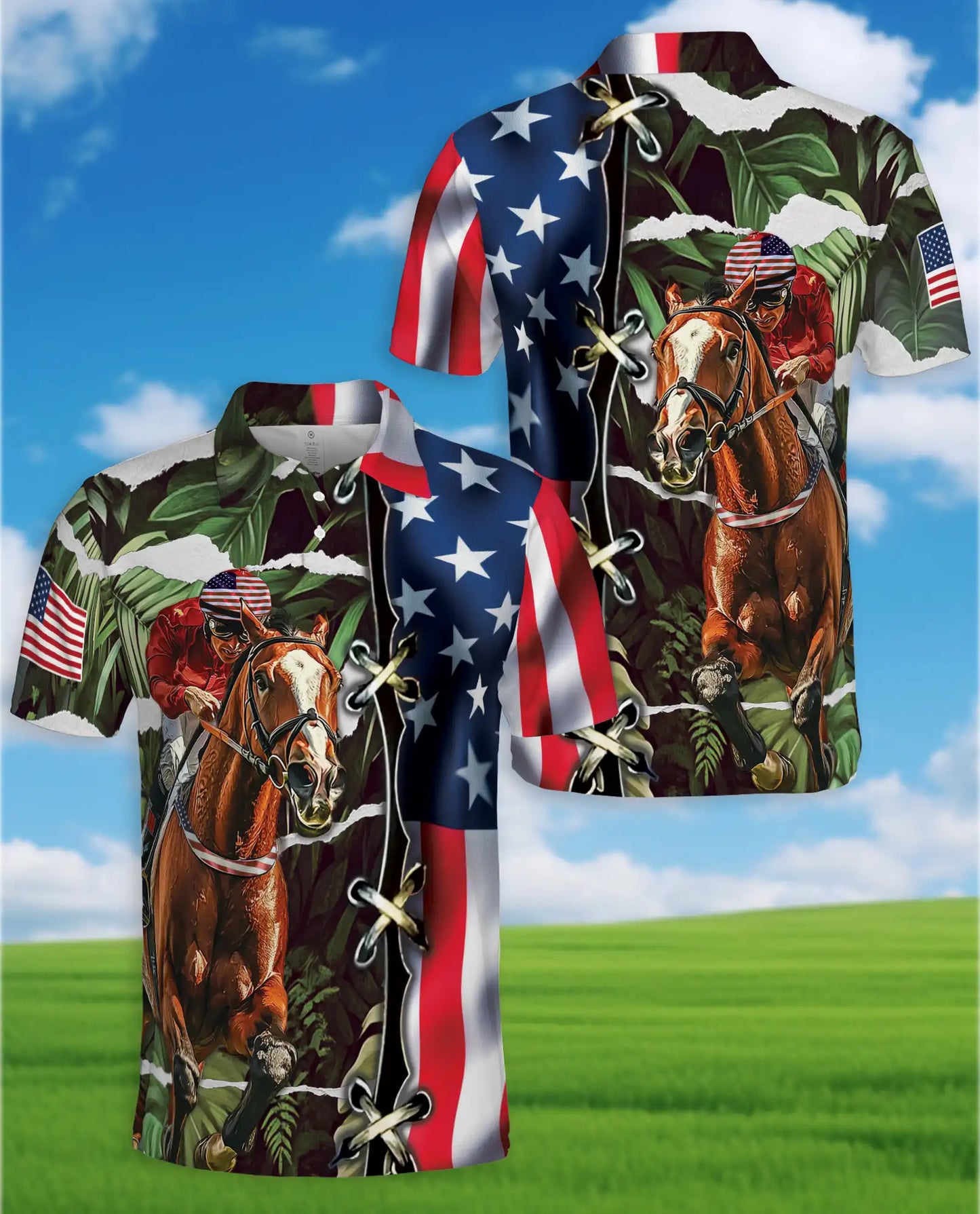 Tropical Horse Racing 3D Polo Shirt for Men, USA Flag Theme | Azhawaiian