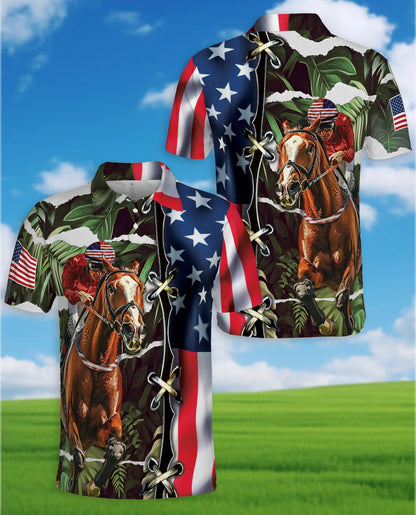 Tropical Horse Racing 3D Polo Shirt for Men, USA Flag Theme | Azhawaiian