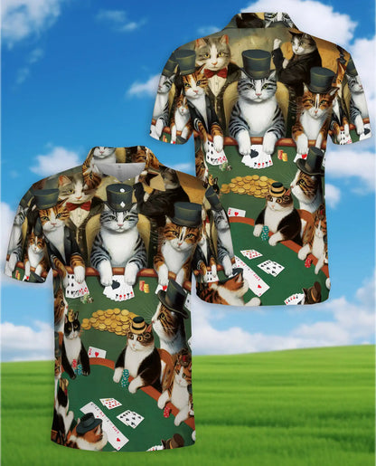 Cat Poker 3D Polo Shirt for Men, Fun Animal Card Game Print | Azhawaiian