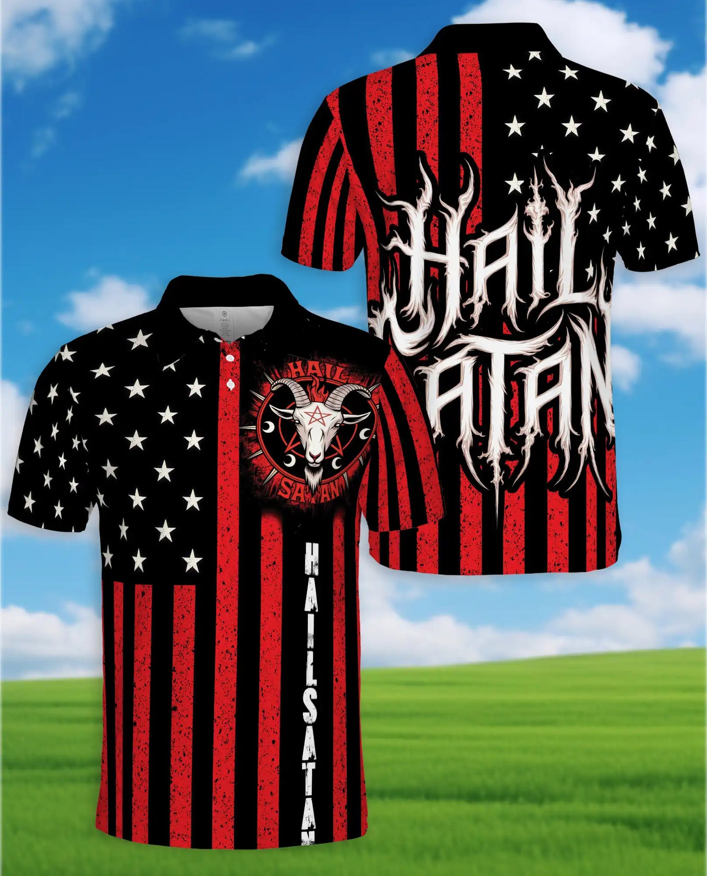 Hail Satan American Flag Polo Shirt for Men, Gothic Punk Style | Azhawaiian