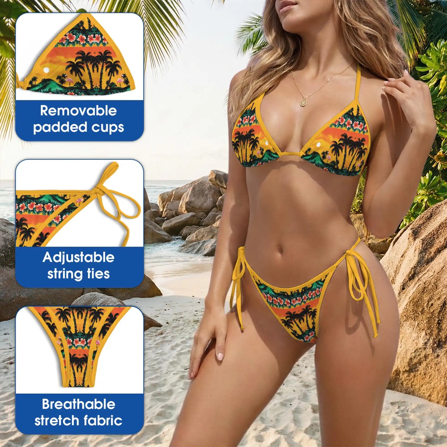 Sunset Flamingo Bikini Set, Tropical Beach Two Piece Swimsuit | Azhawaiian