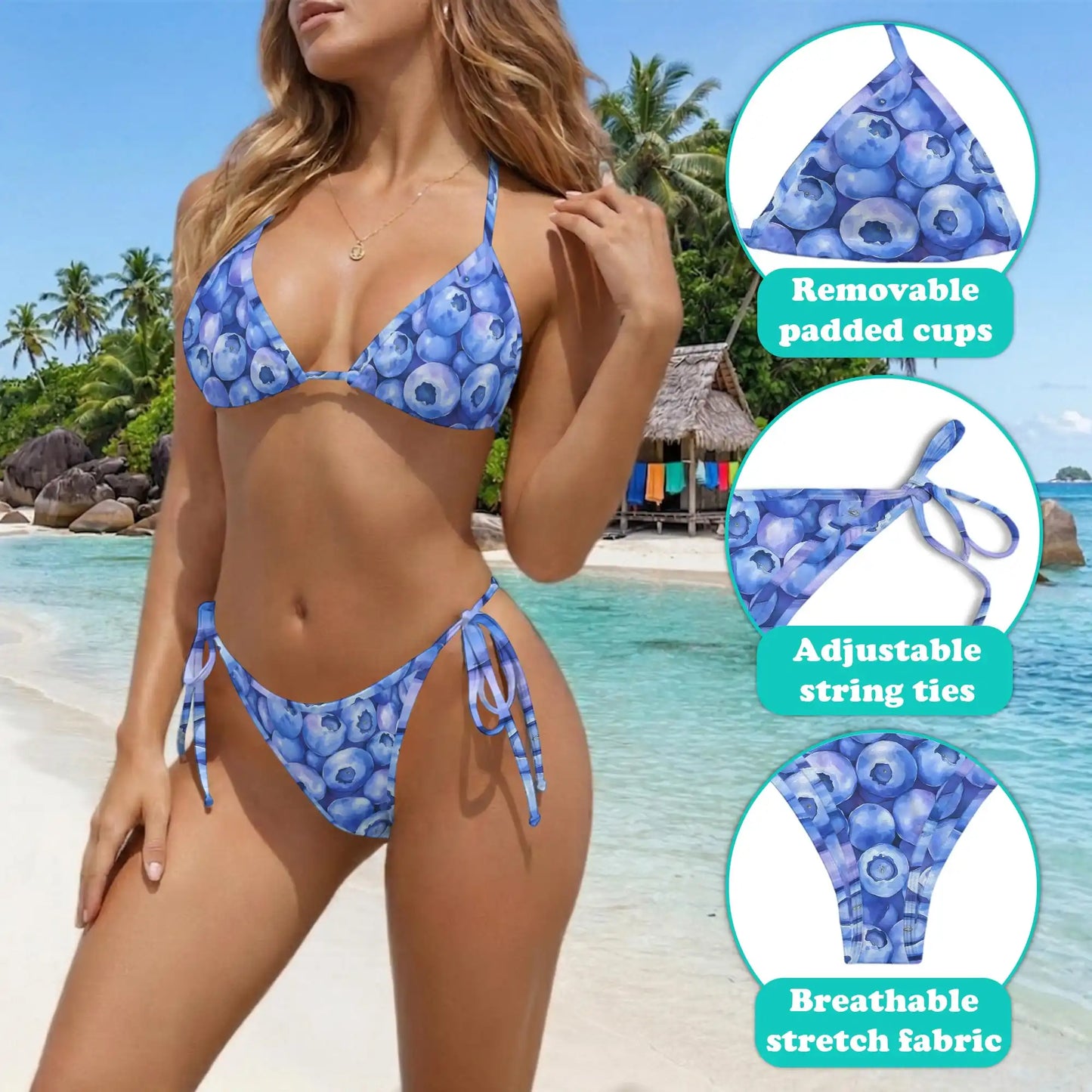 Blueberry Pattern Bikini Set for Women, Two Piece Swimsuit, Fruit Print Beachwear | Azhawaiian