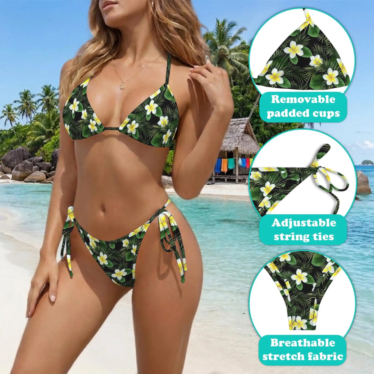 White Plumeria Bikini Set for Women, Two Piece Swimsuit, Tropical Floral Beachwear | Azhawaiian