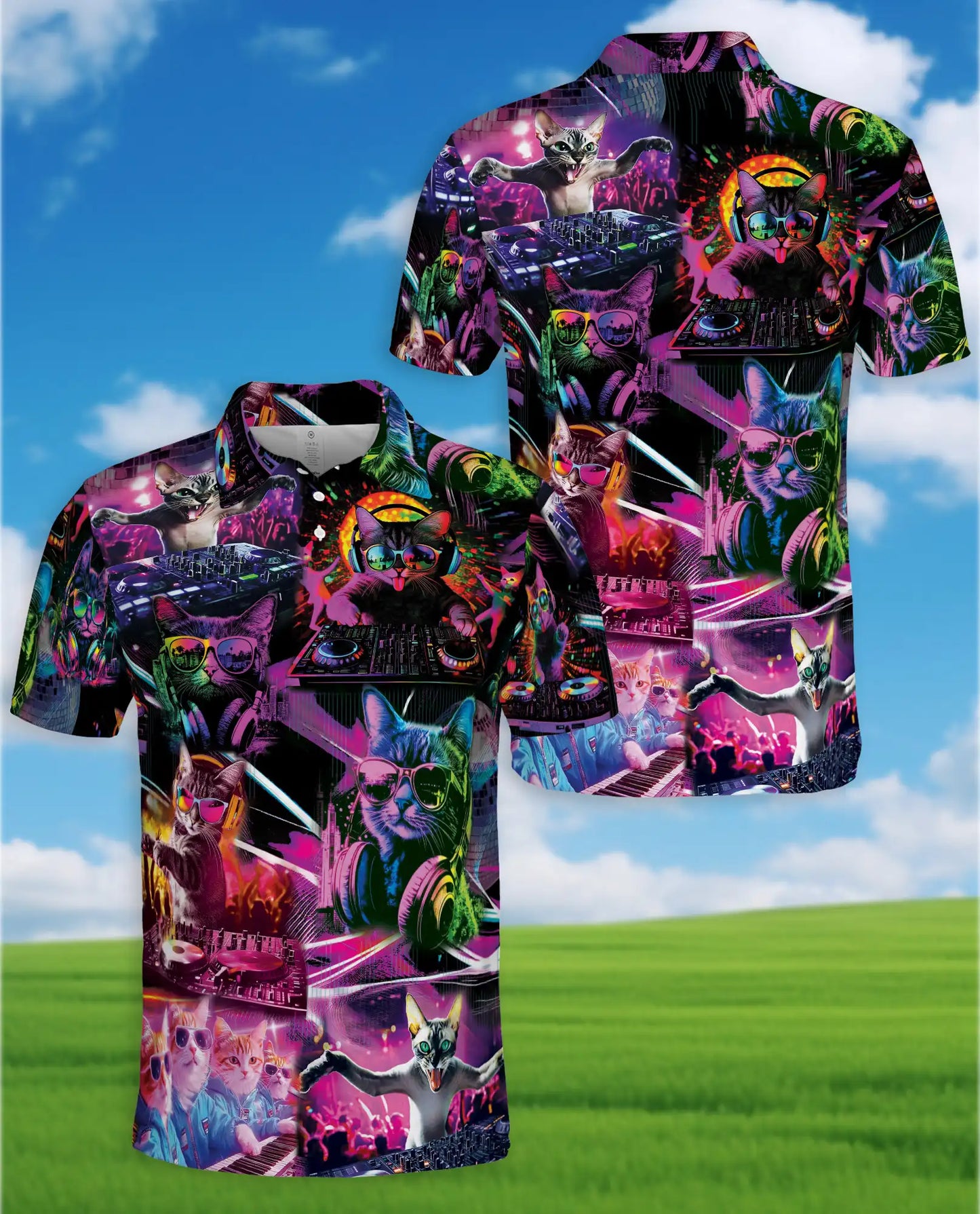 DJ Cat Party Polo Shirt for Men, Neon Music Festival Cat Print | Azhawaiian