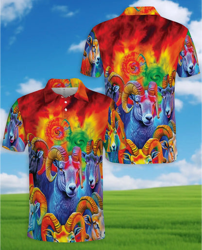 Psychedelic Ram Polo Shirt, Colorful Bighorn Sheep Print | Azhawaiian