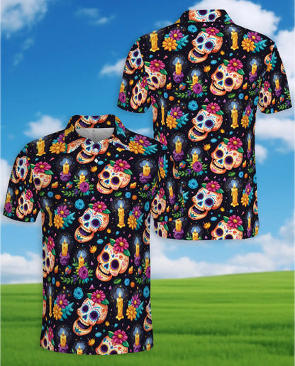 Sugar Skull Polo Shirt for Men, Day of the Dead Colorful Skull Print | Azhawaiian