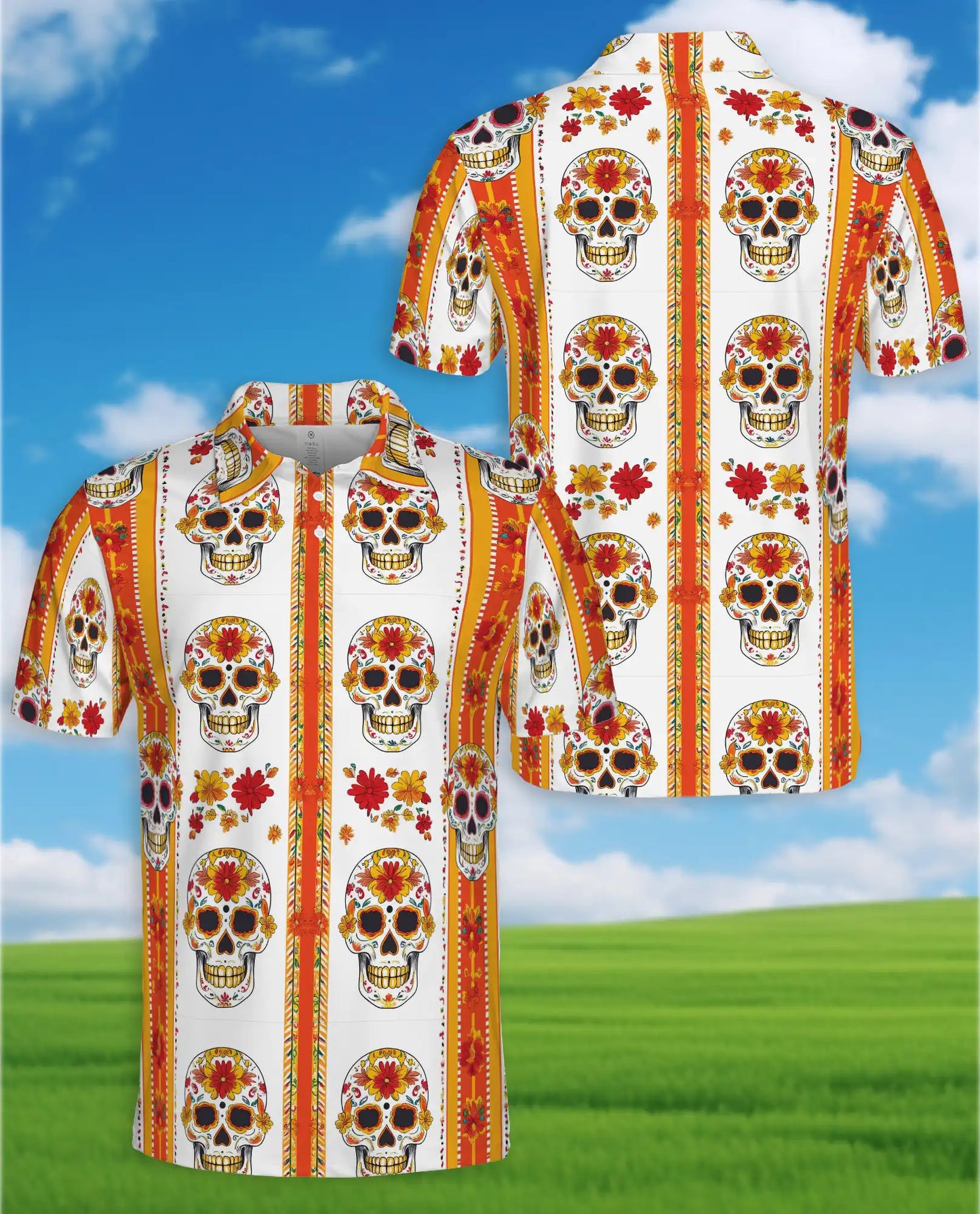 Floral Sugar Skull Polo Shirt - Day of the Dead Style | Azhawaiian