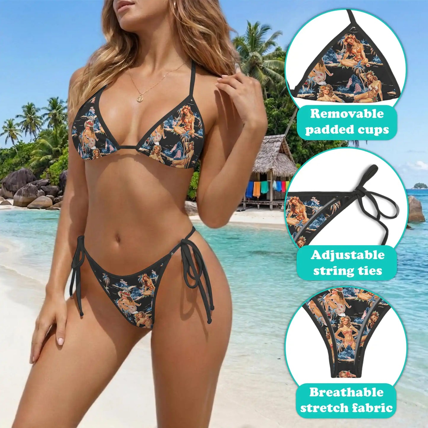 Pinup Girl Black Bikini Set for Women, Two Piece Swimsuit, Retro Vintage Beachwear | Azhawaiian