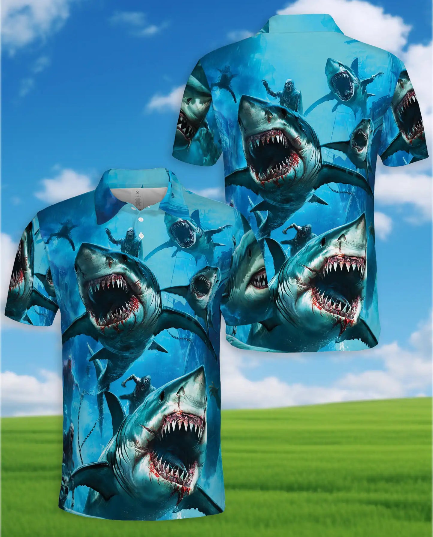 Shark Attack Horror 3D Polo Shirt for Men, Ocean Monster | Azhawaiian